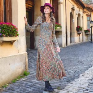 Dandelion Print Long Dress: Scoop Neck Bohemian Flounce
