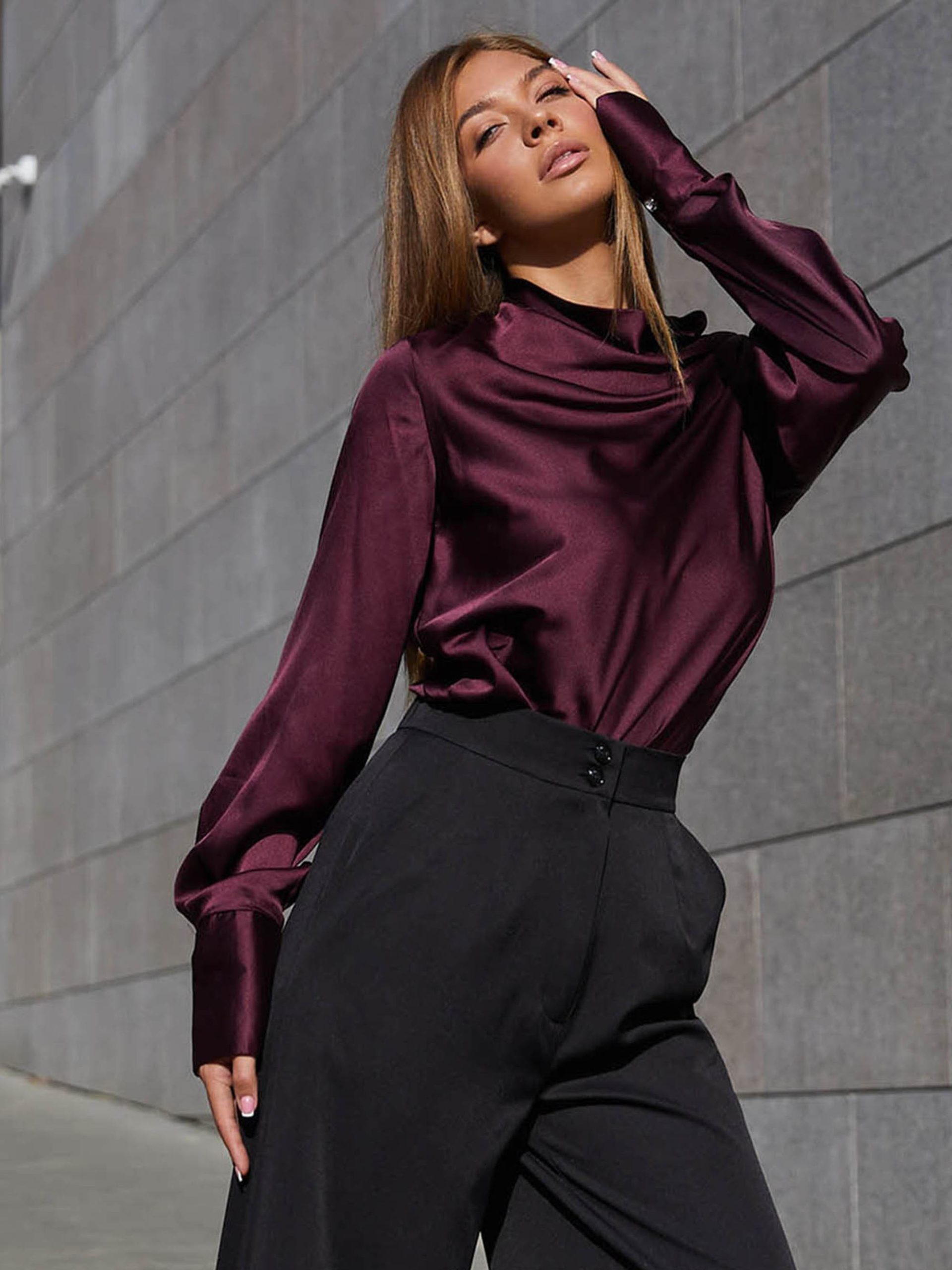 Cowl Neck Blouse Silk For Women Long Sleeves