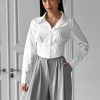 Cropped Button Collared Shirt White Cotton Fitted Blouse