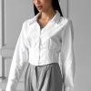 Cropped Button Collared Shirt White Cotton Fitted Blouse