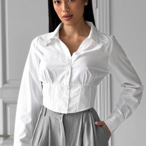 Cropped Button Collared Shirt White Cotton Fitted Blouse