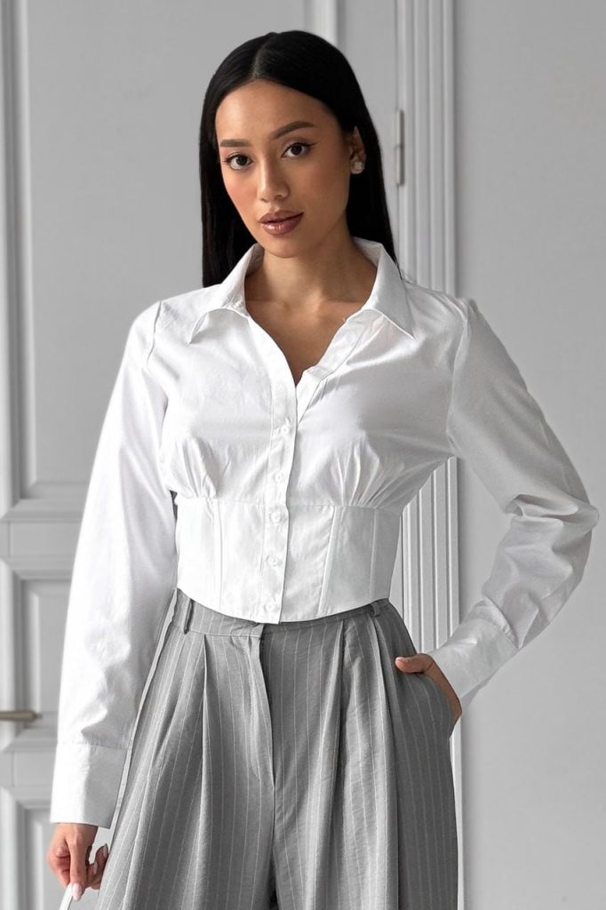 Cropped Button Collared Shirt White Cotton Fitted Blouse