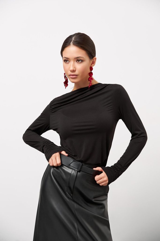 Black Fitted Long Sleeve Top Women's Shirt Stretchy