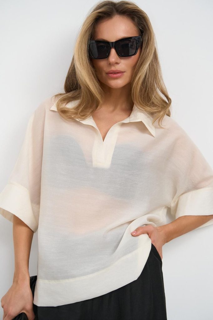 Oversized Polo Shirt For Women Lightweight Semi Sheer