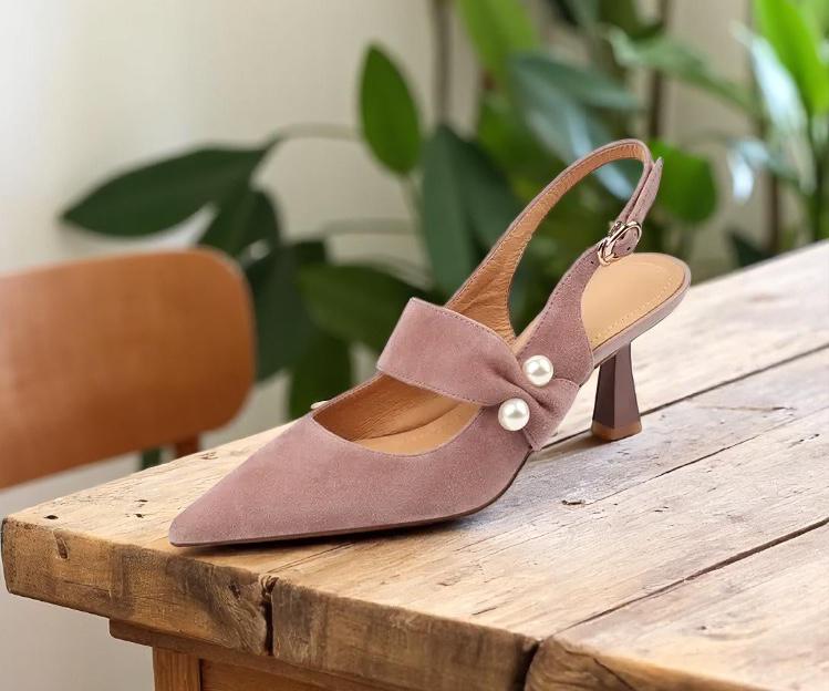 Suede Slingback Sandals: Pointed Toe Pearl Heels 6cm