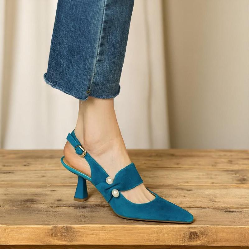 Suede Slingback Sandals: Pointed Toe Pearl Heels 6cm Suede Slingback Sandals: Pointed Toe Pearl Heels 6cm