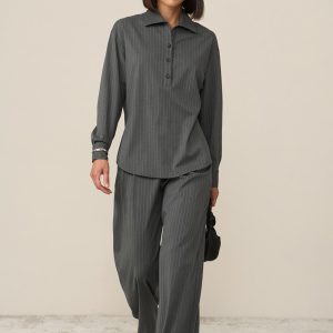 Pinstripe Polo Collar Shirt Button Front Business Casual