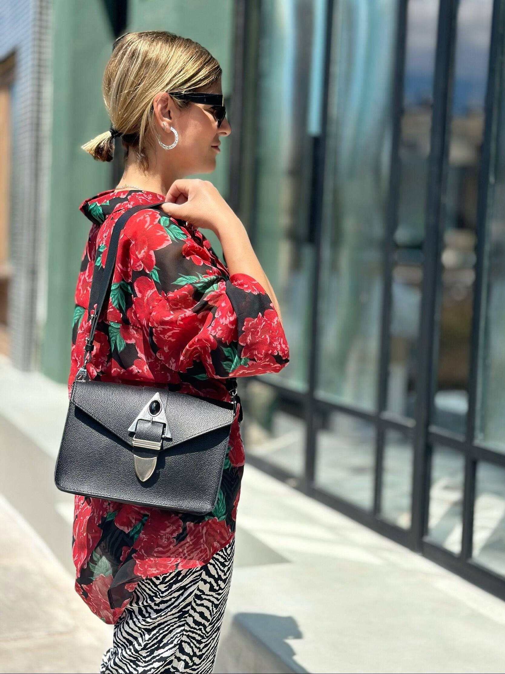 Boho Women Handbag Leather Shoulder Bag Black Crossbody